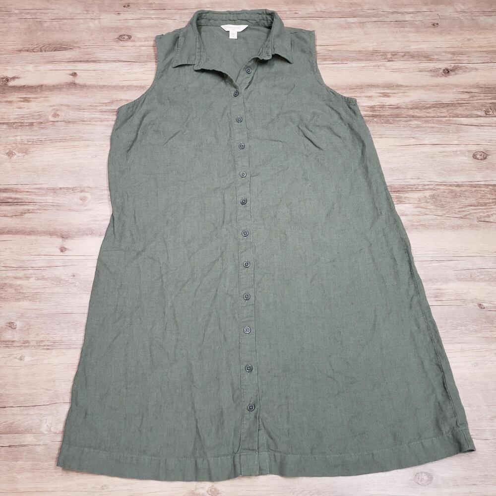 Garnet Hill Dress Womens 14 Green Linen Sleeveless Button Front Shirt Casual